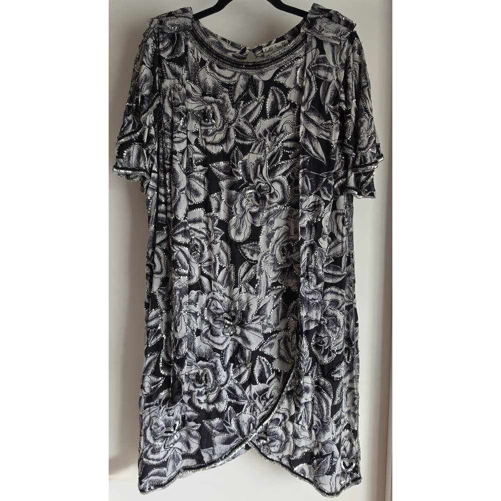 Judith Ann Plus Silk Blouse Black White Floral Short Sleeve Top Shirt Vintage